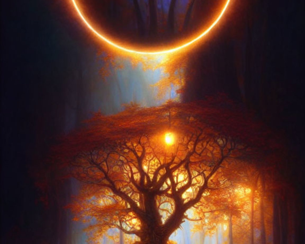 Mystical forest with glowing tree, luminous ring, and golden light