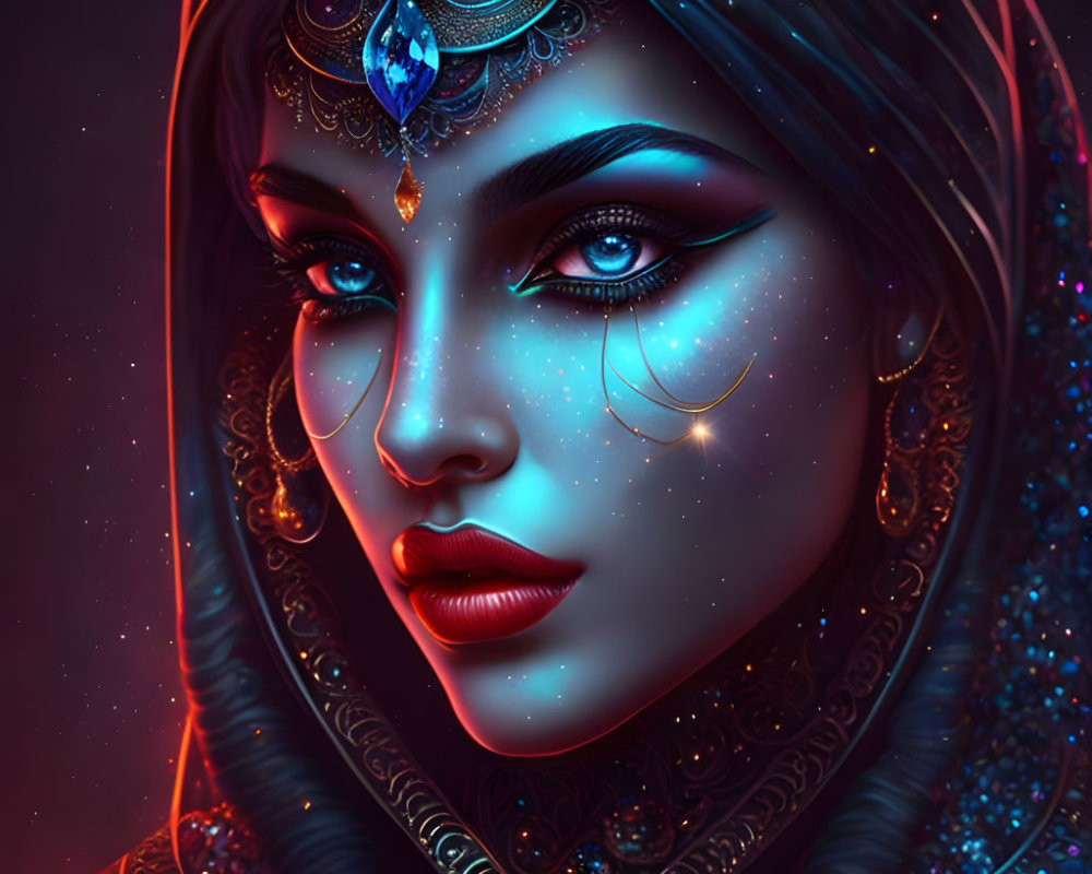 Digital artwork: Woman with jeweled headdress, blue makeup, ornate earrings on starry backdrop