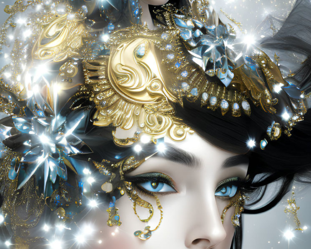 Intricate gold and jeweled headdress on woman with sparkling lights