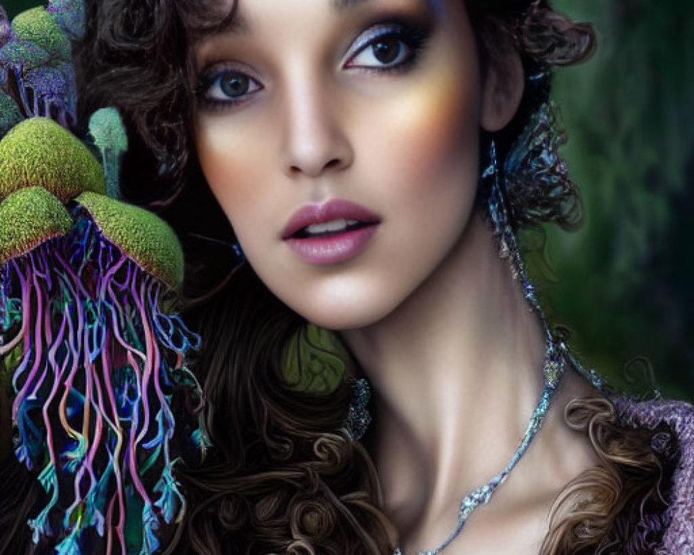 Colorful Makeup Woman Poses with Fantasy Headdress and Ornate Glove