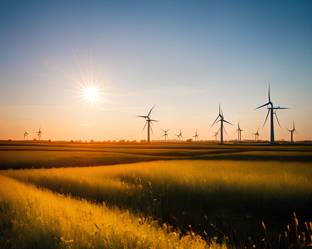 Tranquil sunset scene with golden hues over field and wind turbine silhouettes