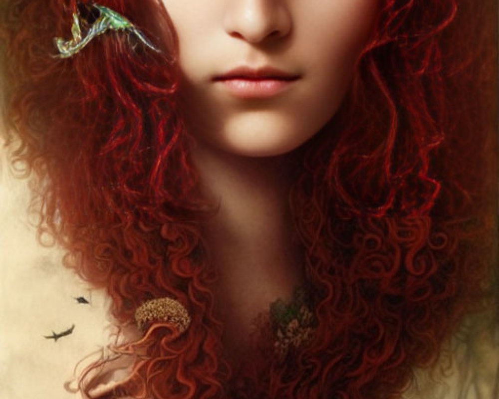 Curly Red-Haired Woman with Leaves and Butterfly in Nature Scene