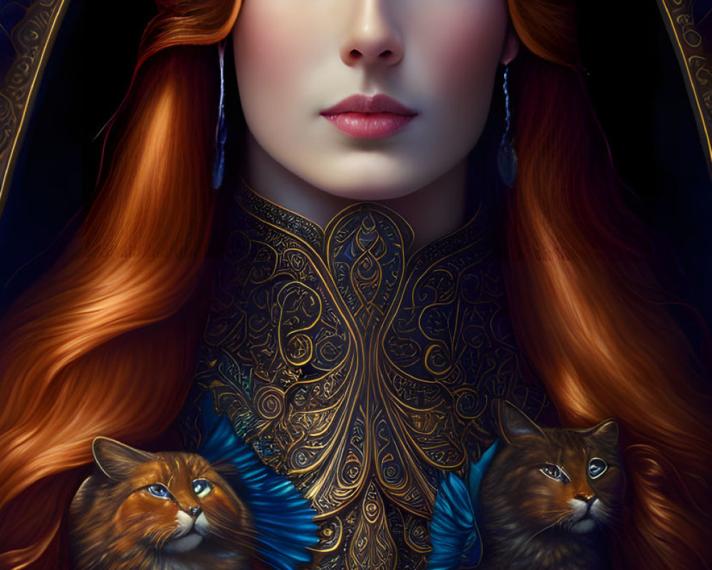 Woman with Blue Eyes and Red Hair in Blue and Gold Attire with Cats in Blue Feathers