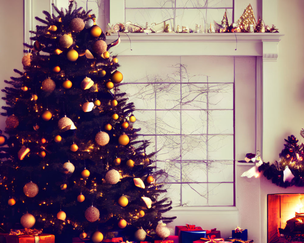 Festive Christmas room with decorated tree, gifts, and fireplace