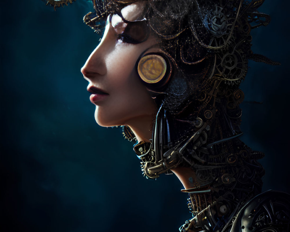 Female Figure with Steampunk-Inspired Mechanical Headpiece Against Dark Background