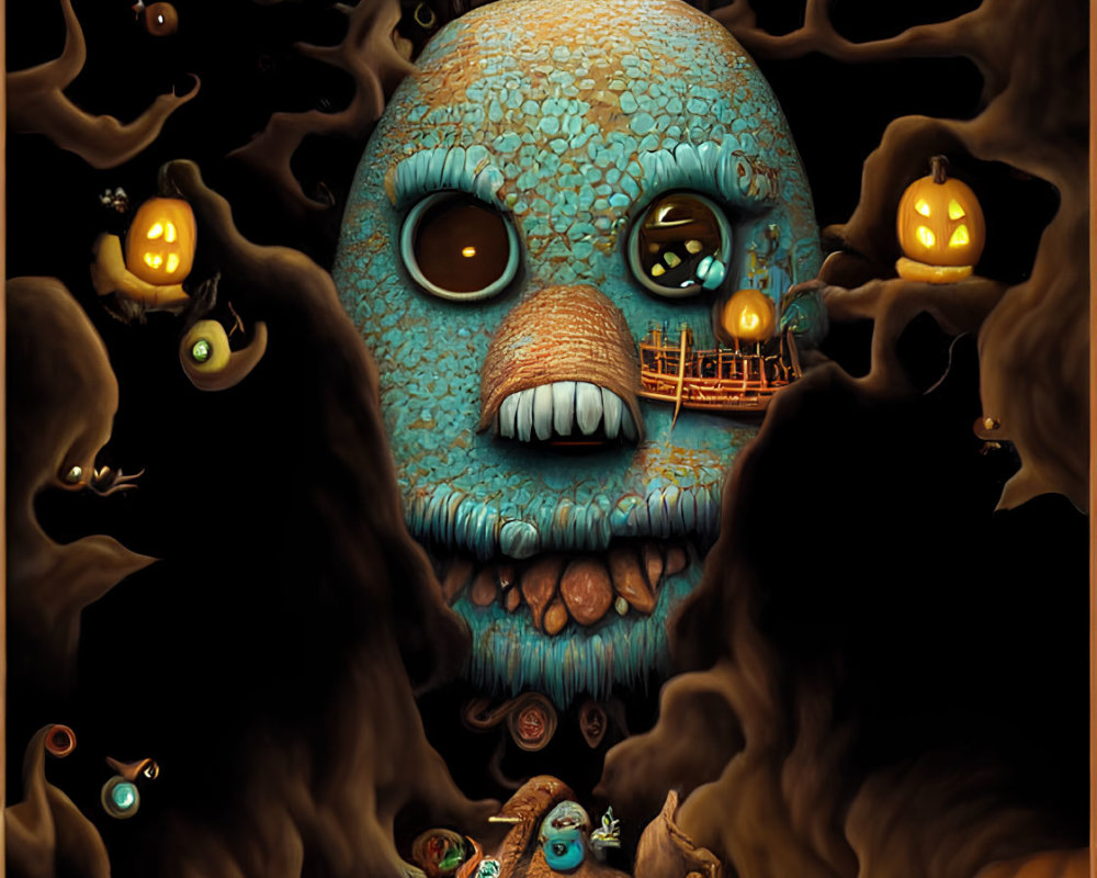 Whimsical Halloween illustration with blue creature, village, jack-o'-lanterns, and full