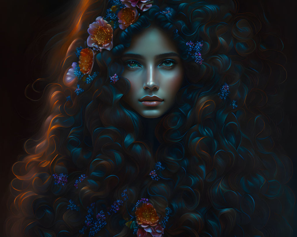 Digital artwork of woman with voluminous, wavy hair and vibrant flowers on dark background