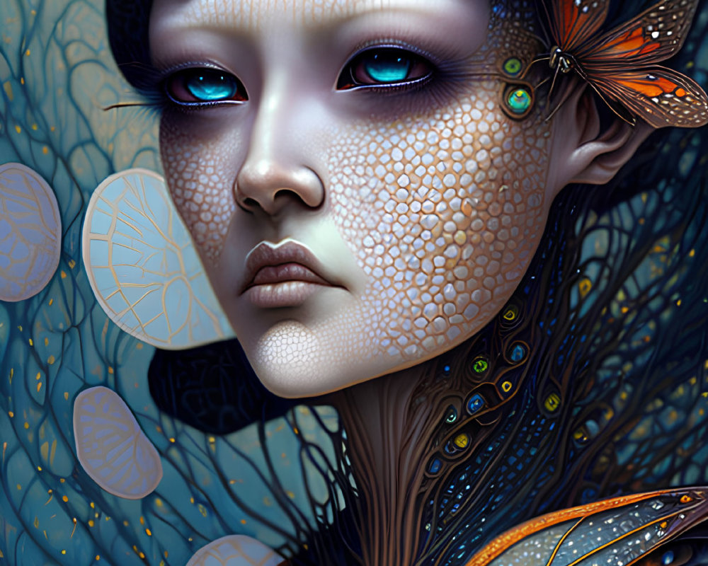 Detailed portrait of person with butterfly motifs, iridescent eyes, and patterned skin merging with wings