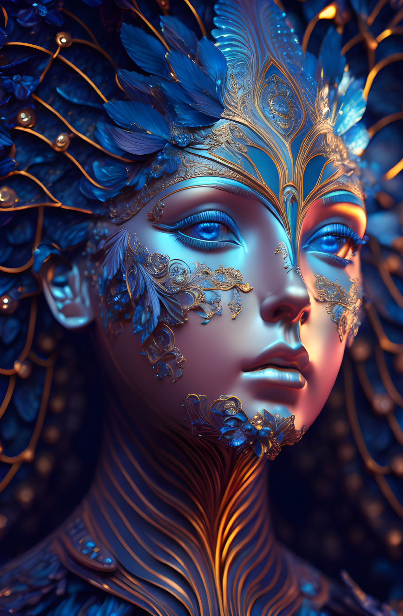 Detailed digital artwork of female figure with ornate gold and blue headgear and facial decorations