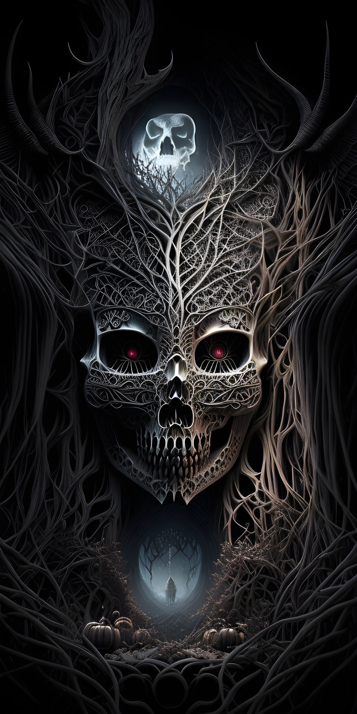 Detailed Gothic Skull with Antlers in Twisted Trees Scene