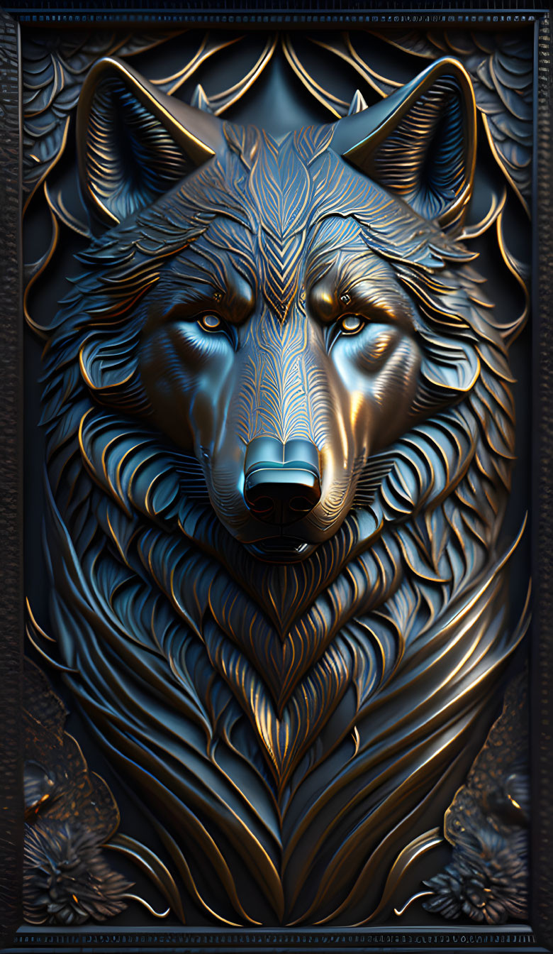 Embossed metallic wolf portrait with intricate patterns on glossy surface