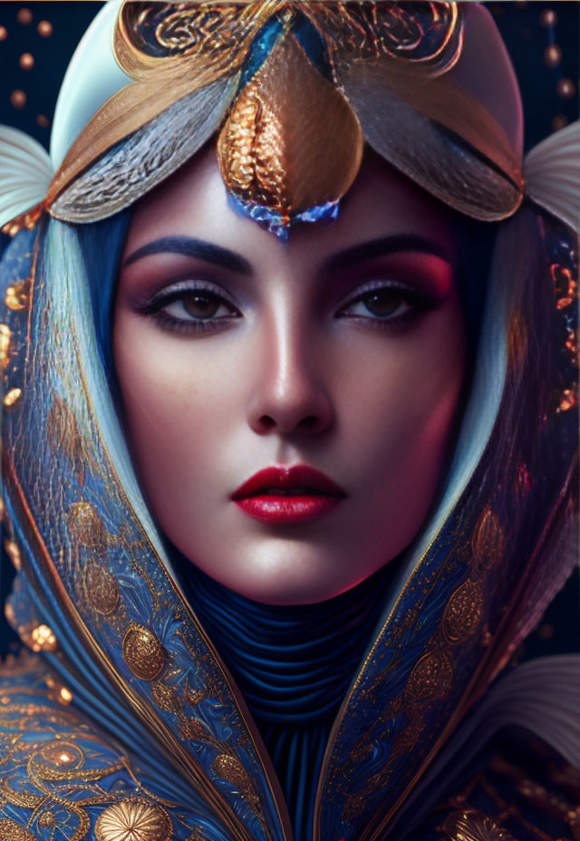 Woman with Striking Makeup and Decorated Headdress in Gold Patterns