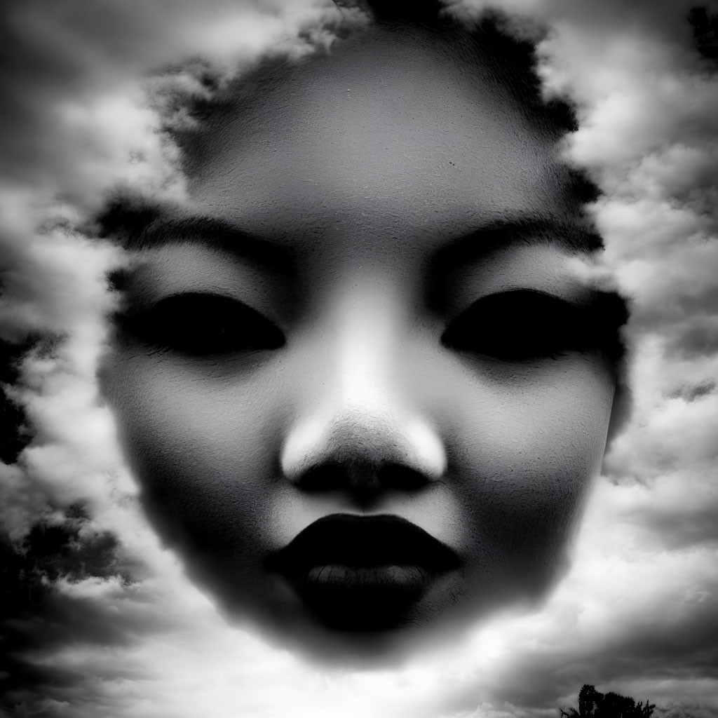 Monochromatic artwork blending woman's face with cloudy sky