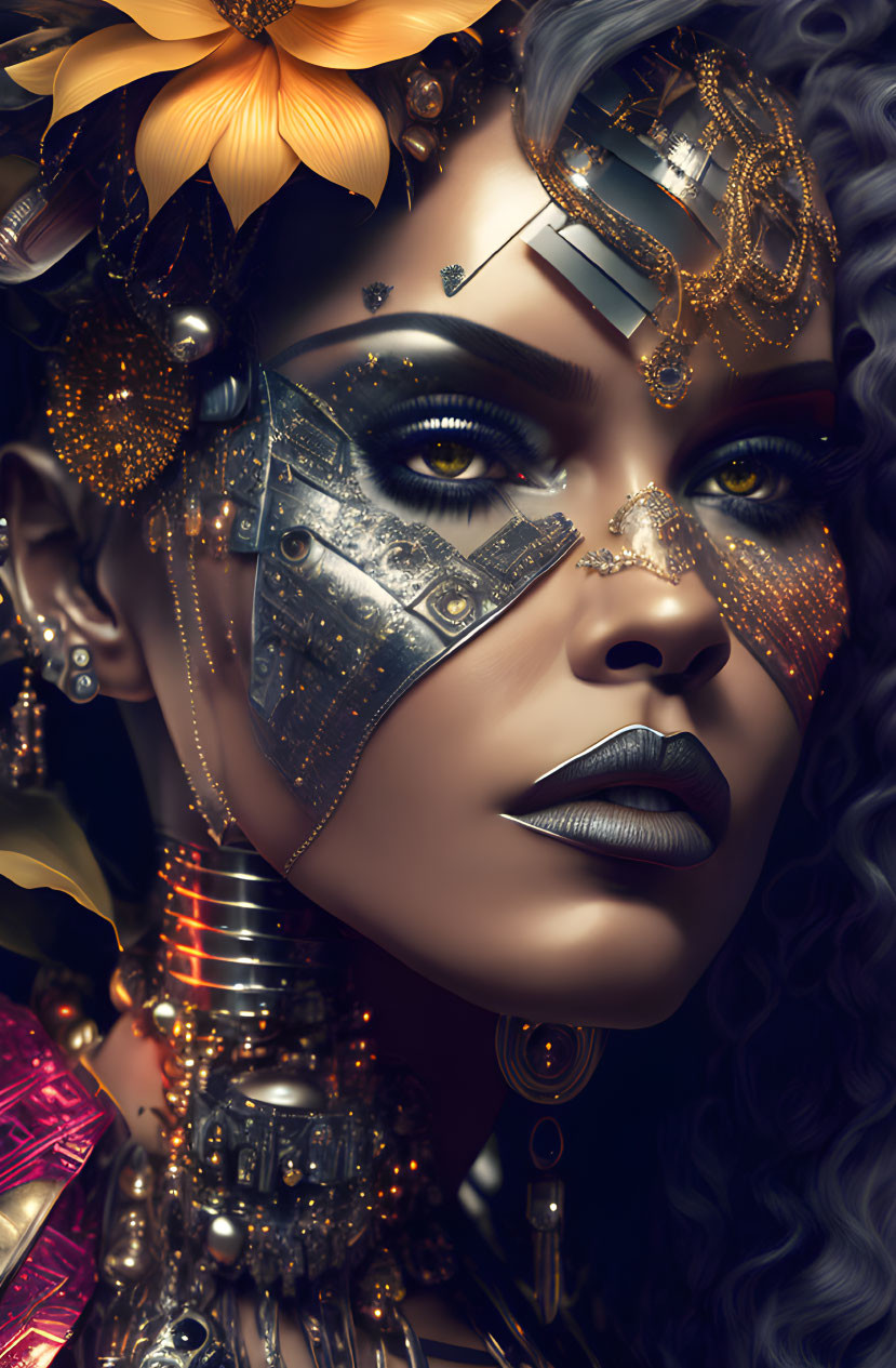 Digital artwork of woman with cybernetic enhancements and futuristic jewelry in a sci-fi theme.