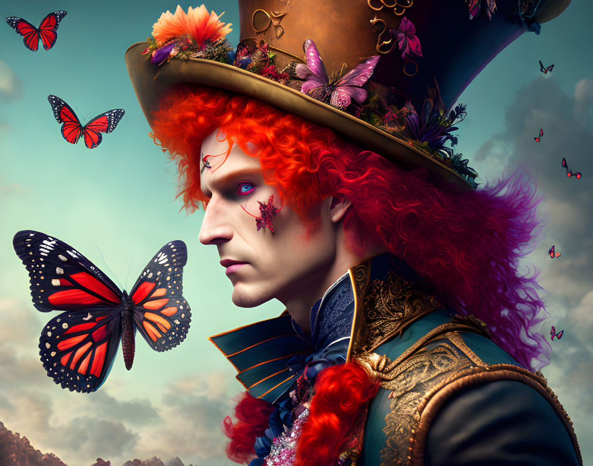 Colorful man with red hair and butterfly top hat against cloudy sky.