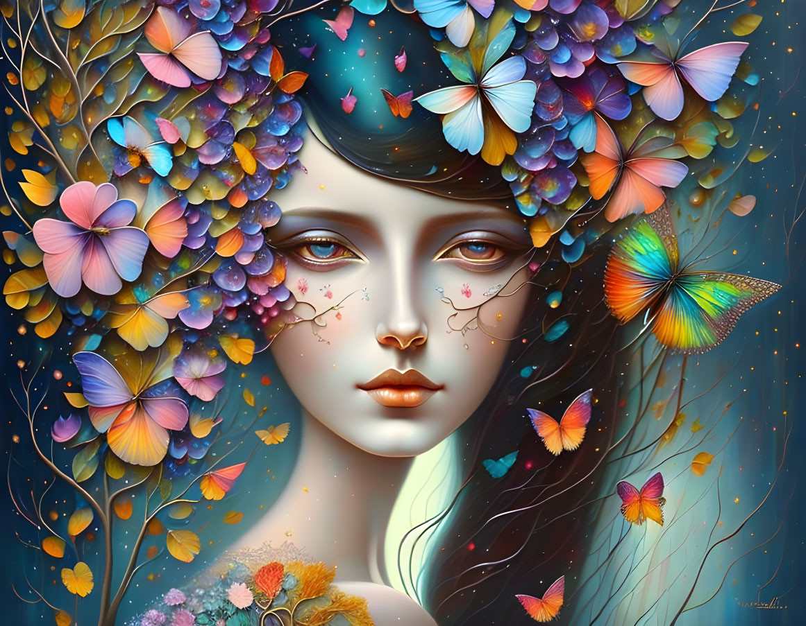 Surreal portrait of woman with butterflies and flowers in hair on starry background