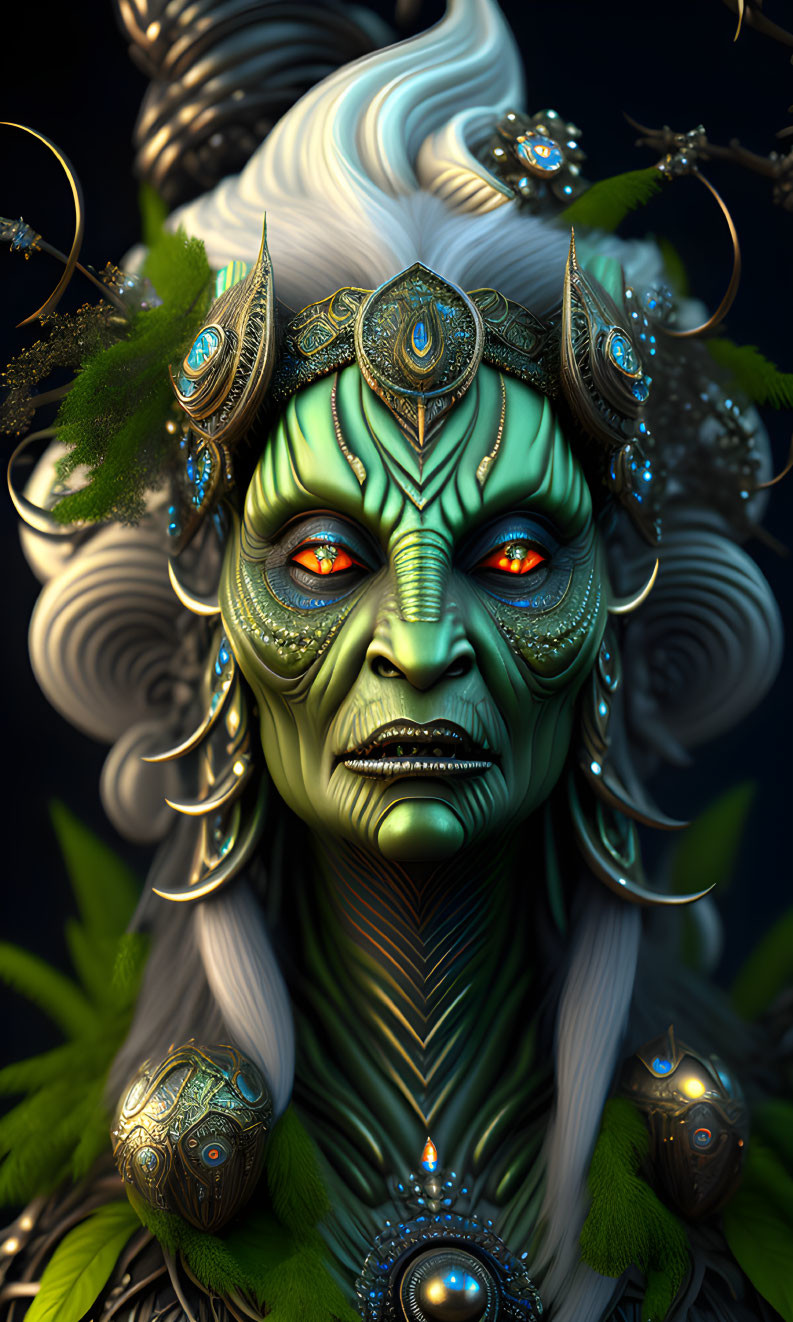 Fantasy portrait of character with green skin, golden headgear, red eyes, and white hair