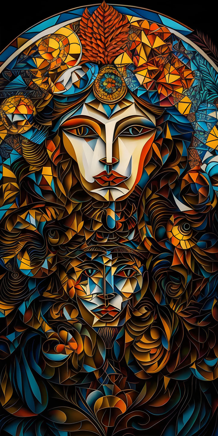 Colorful digital artwork: Two stylized faces with intricate patterns in autumnal colors on dark background