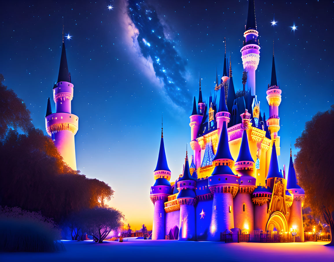 Enchanting castle with vibrant lights and towering spires