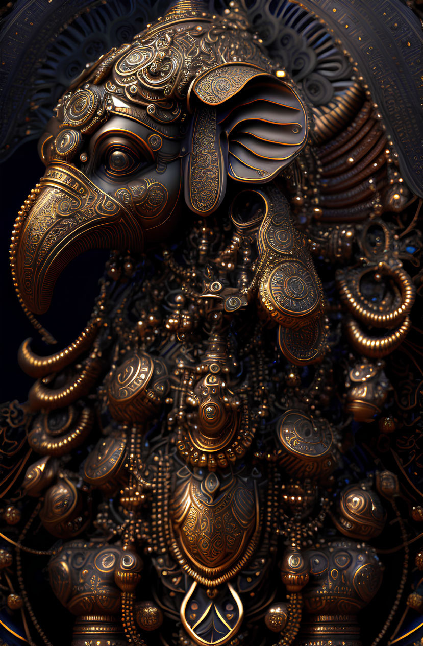 Elephant head artwork with gold ornate patterns on dark background