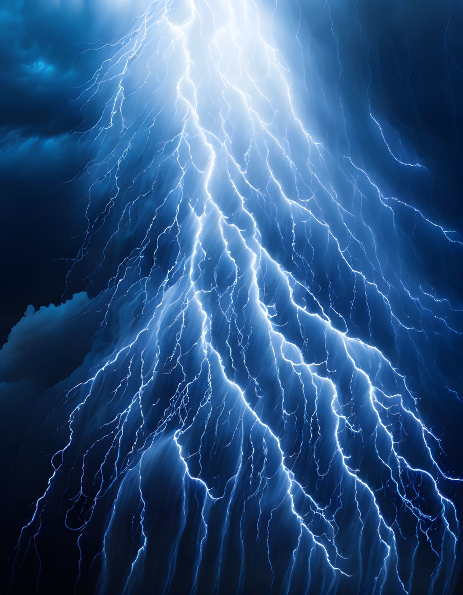 Branching Lightning Illuminating Dark Stormy Sky in Blue and White