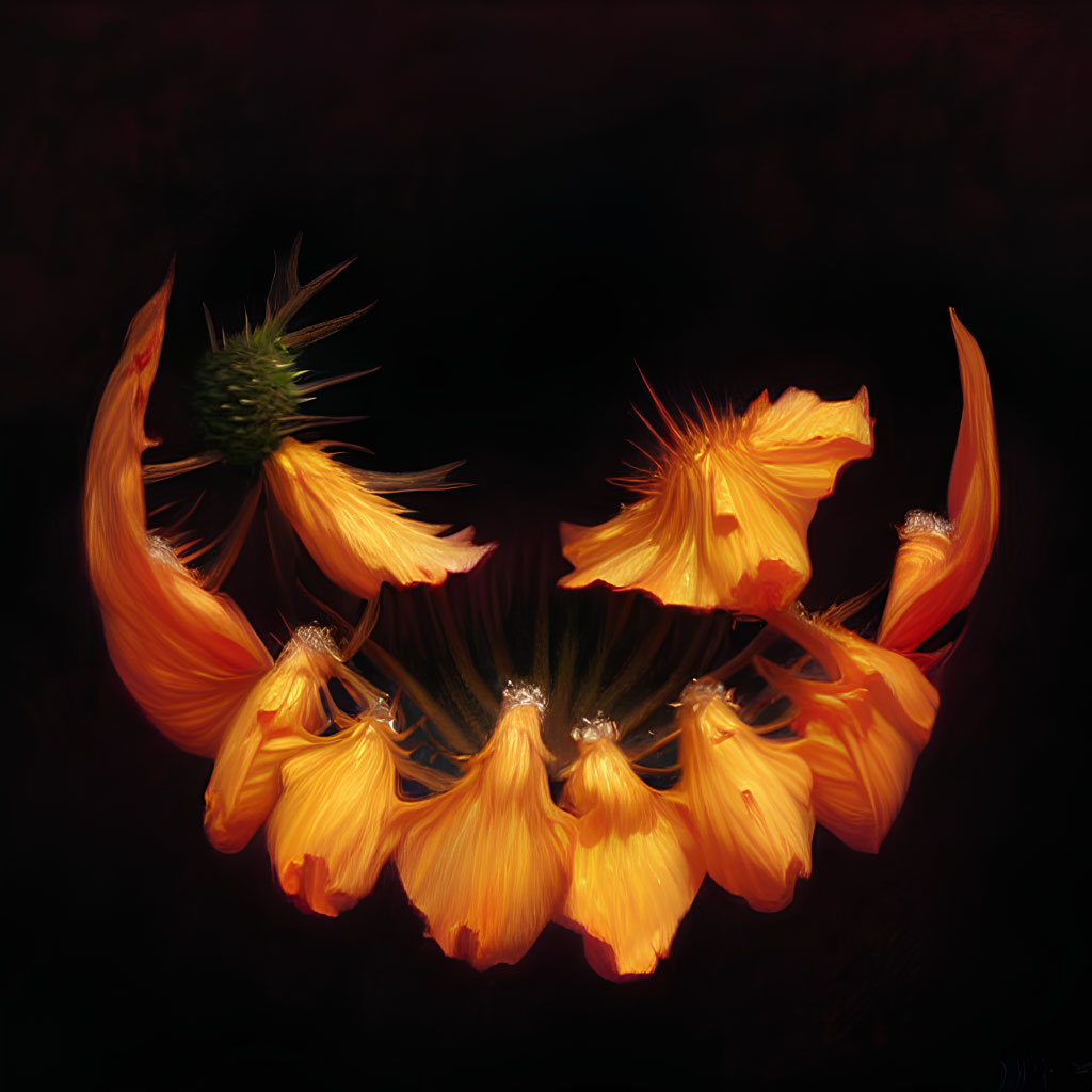 Vibrant orange flower with fan-like petals on dark background