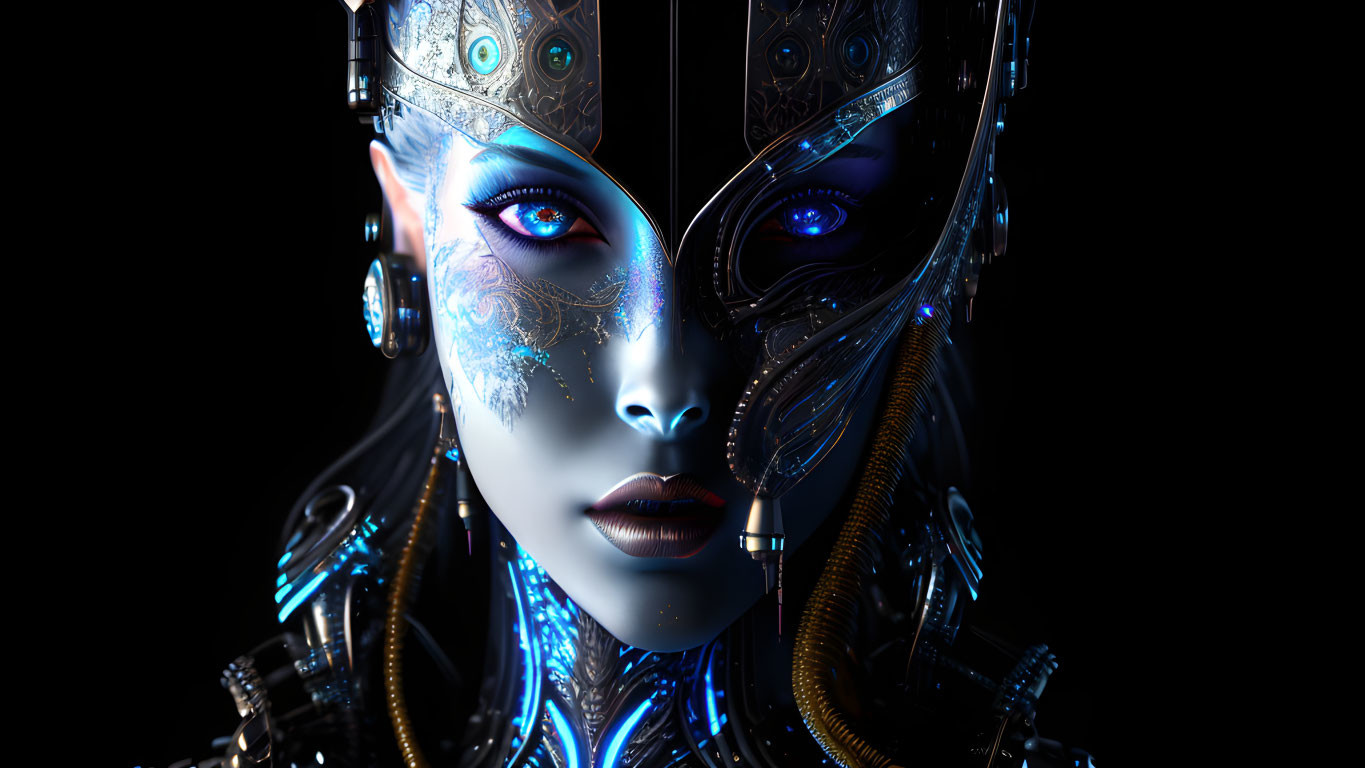 Futuristic robotic woman with blue patterns and LED-lit eyes