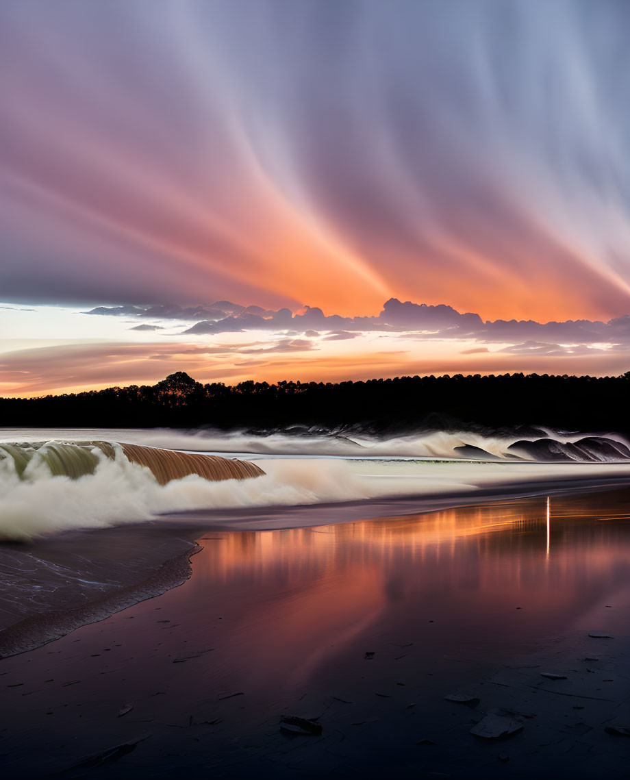 Vibrant orange and blue sunset sky over cascading waterfall and serene water surface