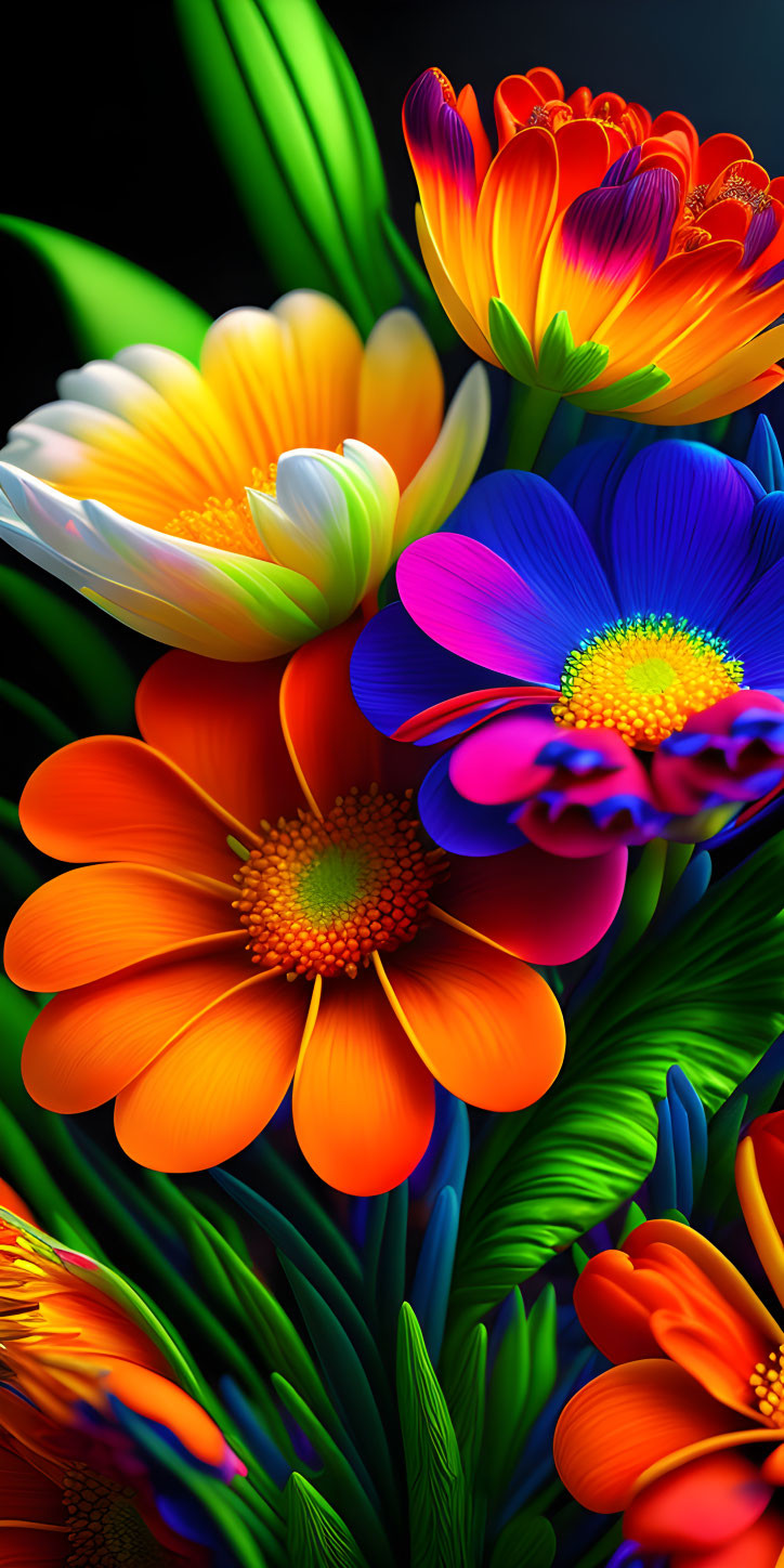 Colorful Digital Art: Vibrant Flowers in Orange, Yellow, Blue, and Green on Dark Background