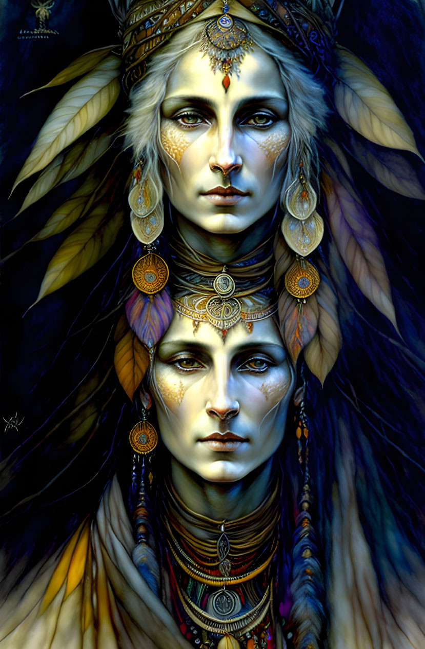 Digital artwork: Two characters with tribal makeup and headdresses, feathers, jewelry, dark background