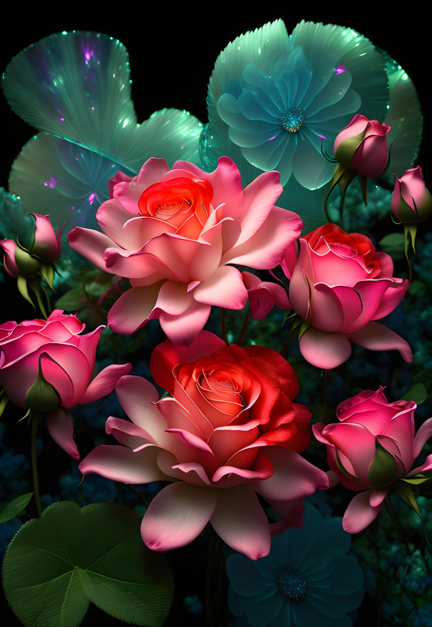 Neon-lit flowers in blue and pink hues on dark background