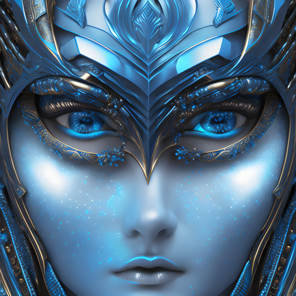 Detailed futuristic blue and silver helmet with intricate designs and sparkling accents.