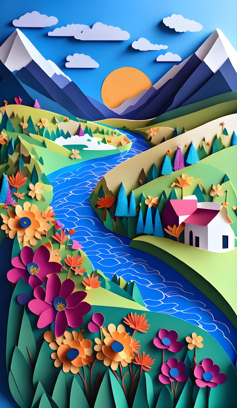 Layered Paper Art: Vibrant Landscape with Mountains, River, Trees, House, and Floral Fore