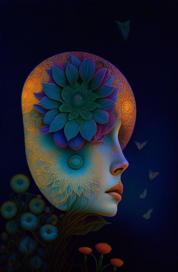 Surreal artwork: woman's profile blooming into flower with butterflies on dark backdrop