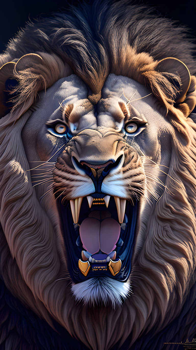 Detailed digital lion face illustration with open mouth and blue eyes on dark background