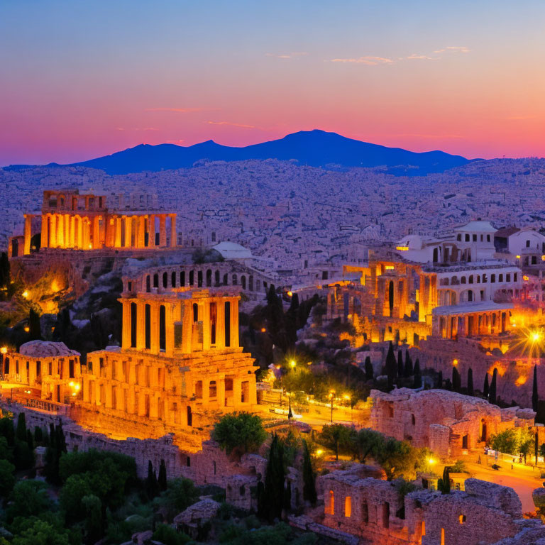 Panoramic view: Acropolis in Athens, Greece at dusk