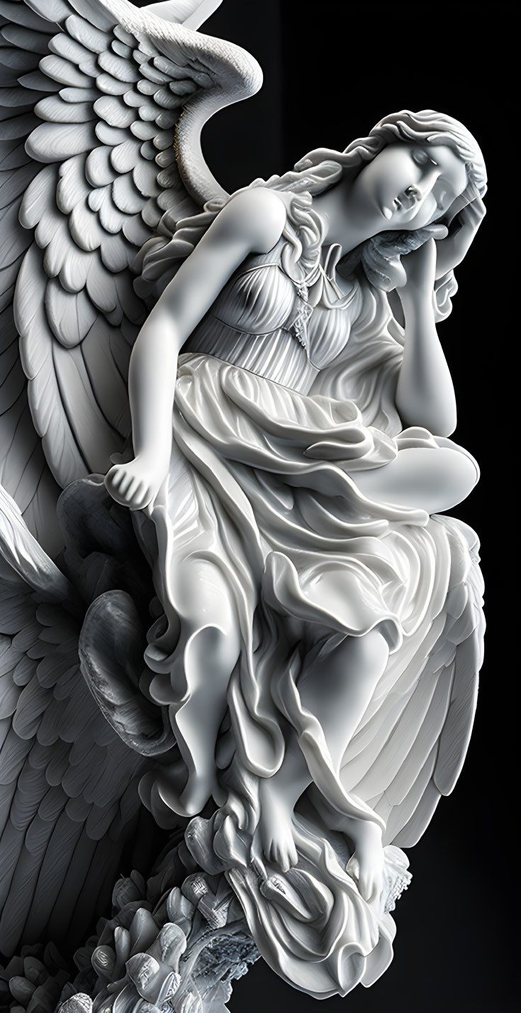 Monochrome angel sculpture with detailed wings and flowing robes