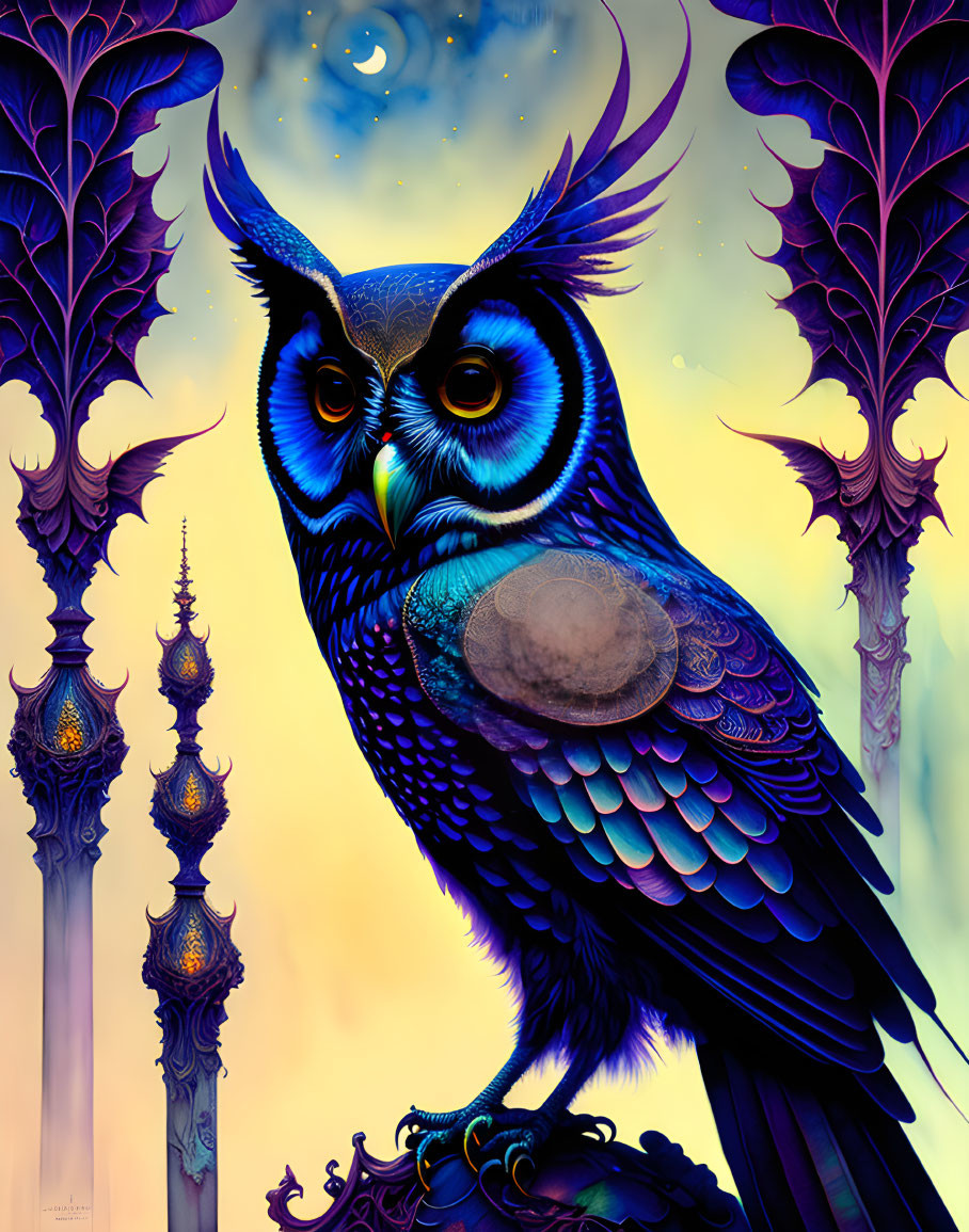 Detailed Stylized Owl Illustration Against Gothic Pillars