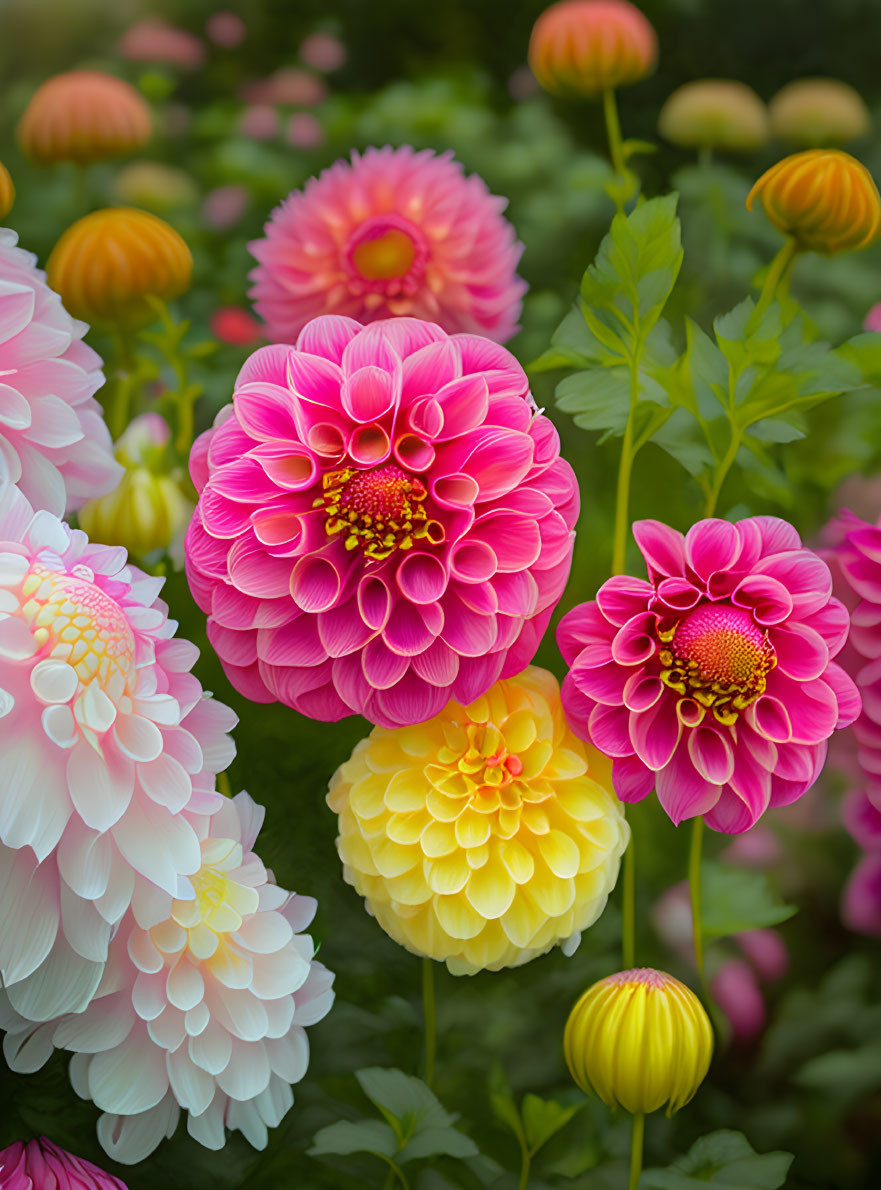 Colorful Dahlia Garden Blooms in Pink, White, and Yellow