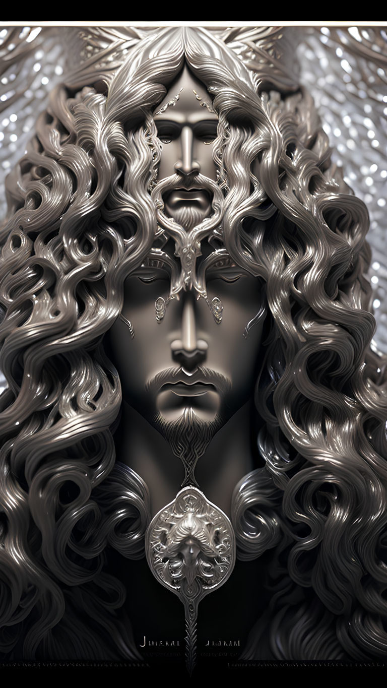 Detailed digital art: Face with silver hair, merging features, intricate patterns, textures, central emblem.