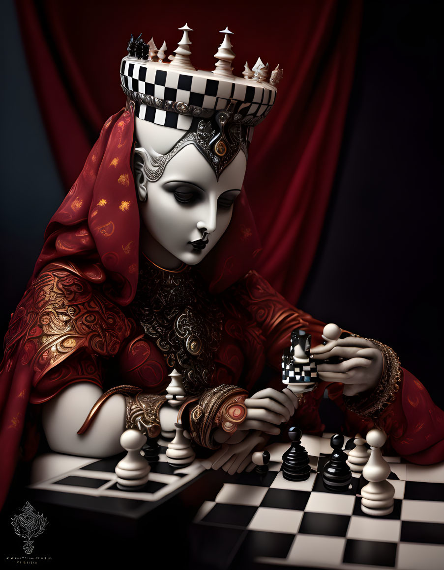 Stylized chess queen figure in red cloak holding chess piece on chessboard