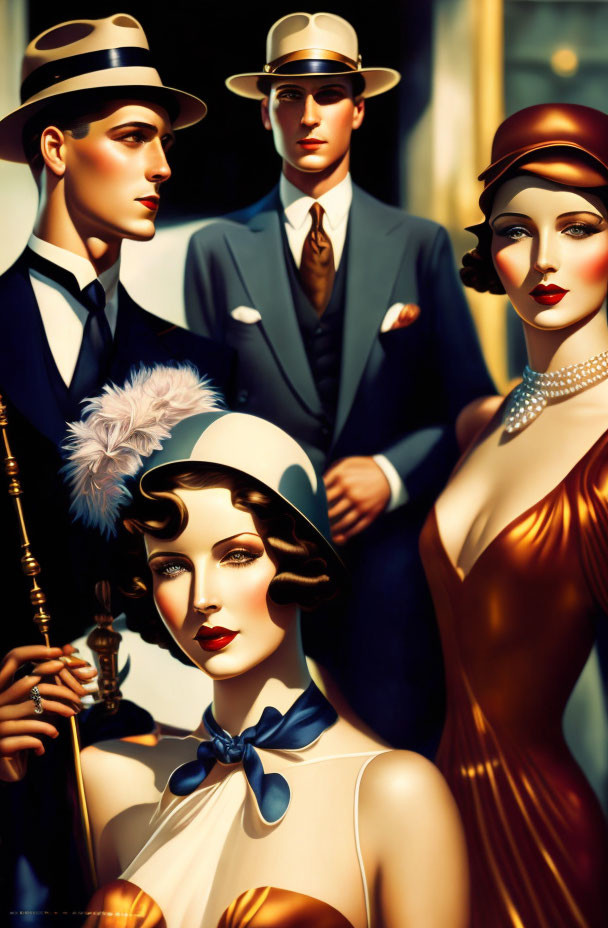 Vintage illustration: Two men in suits and hats with a glamorous woman in feathered headpiece.