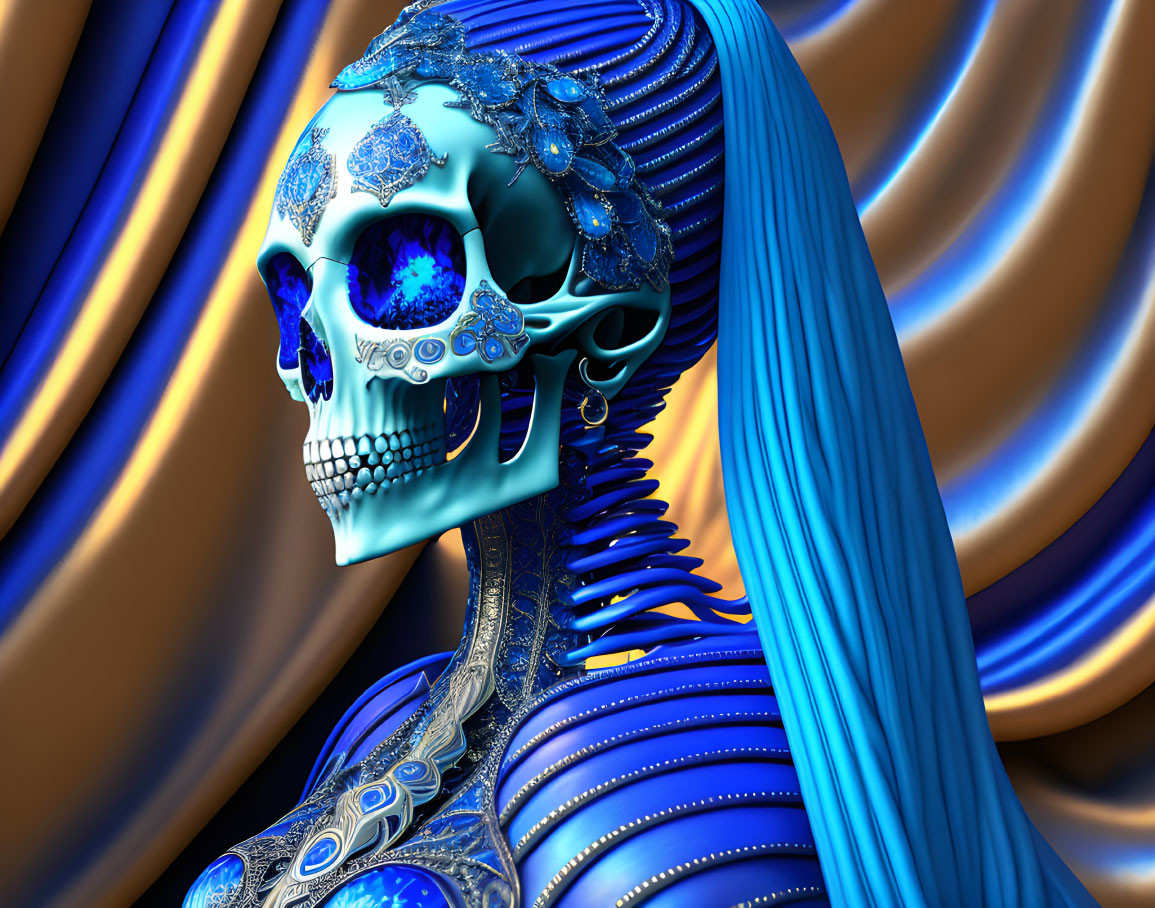 Blue-themed ornate skull with long blue hair in 3D digital art on gold and blue backdrop