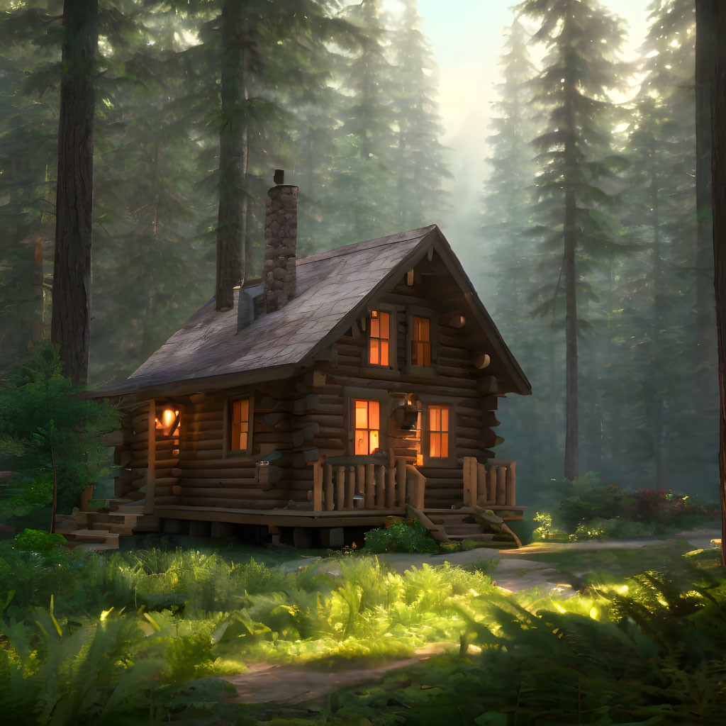 Serene forest scene: Cozy log cabin with lit chimney