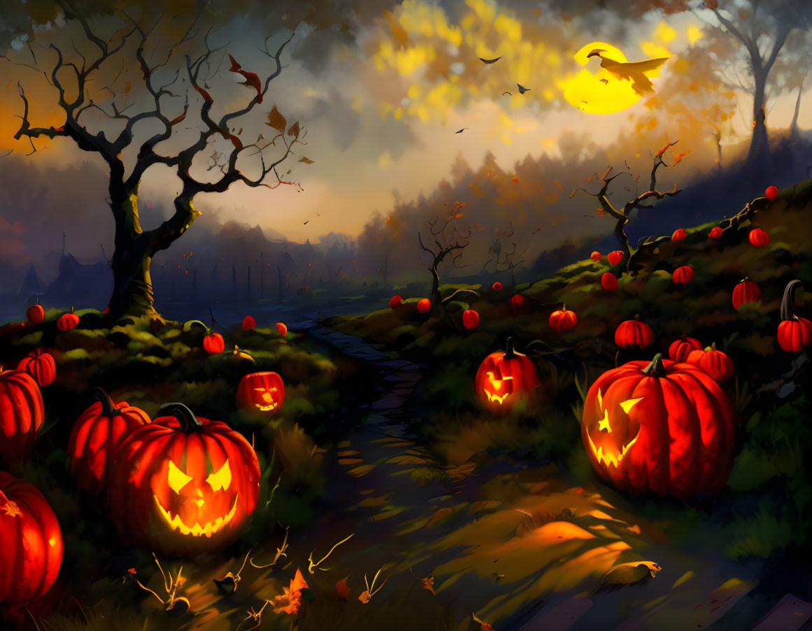 Twilight forest scene with carved pumpkins, eerie tree, falling leaves, and glowing bird