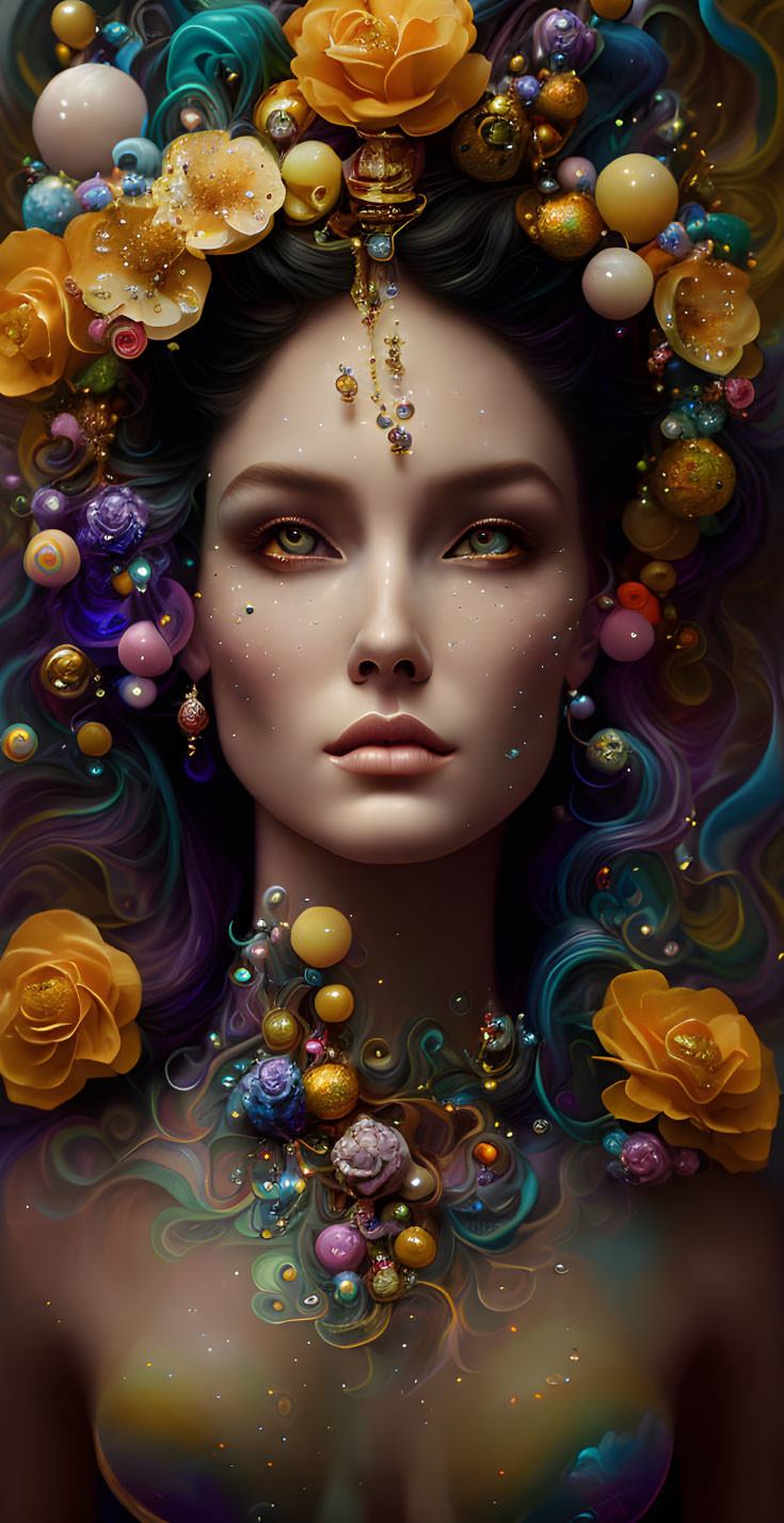 Detailed illustration of woman with multicolored hair and galaxy-themed adornments.