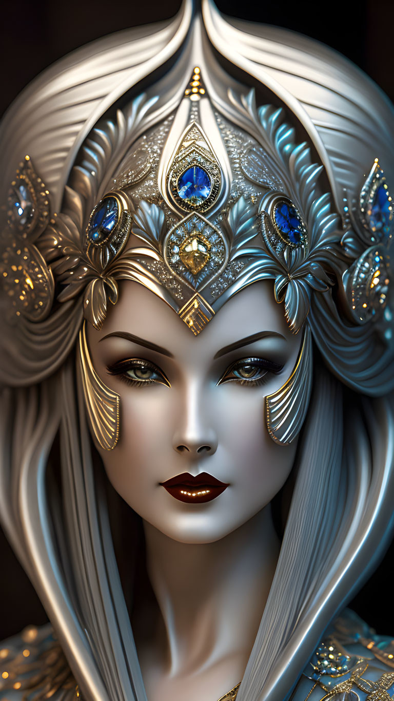 Woman with ornate gem-adorned helmet: fantastical and regal portrait