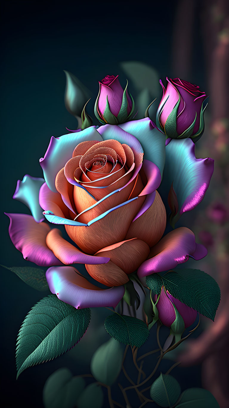 Vibrant orange to purple gradient rose on dark background with leaves