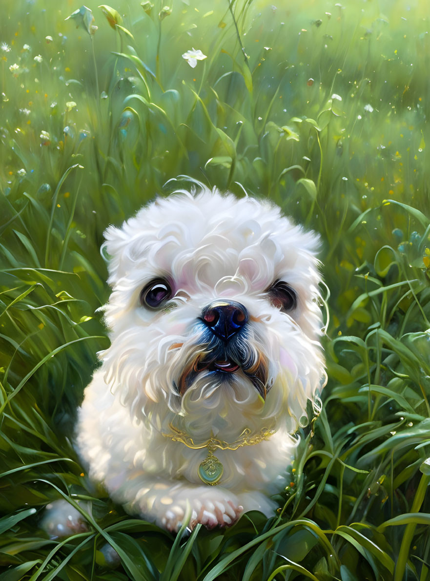 Fluffy White Dog in Sunlit Meadow with Flowers