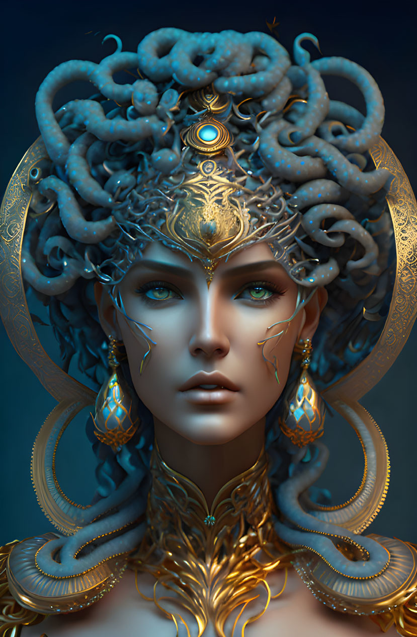 Digital artwork: Woman with Medusa-inspired headpiece, blue serpents hair, golden jewelry,